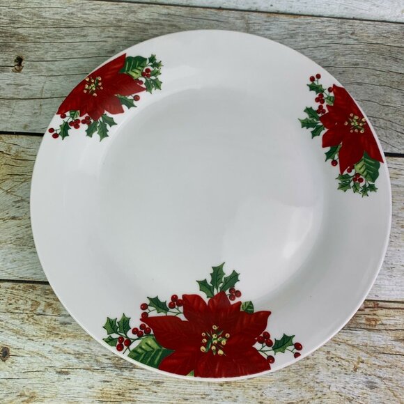 Gibson NOBLE POINSETTIA Red Floral Holly Rim Smooth Lunch Salad Plates Set of 4 - Picture 6 of 11